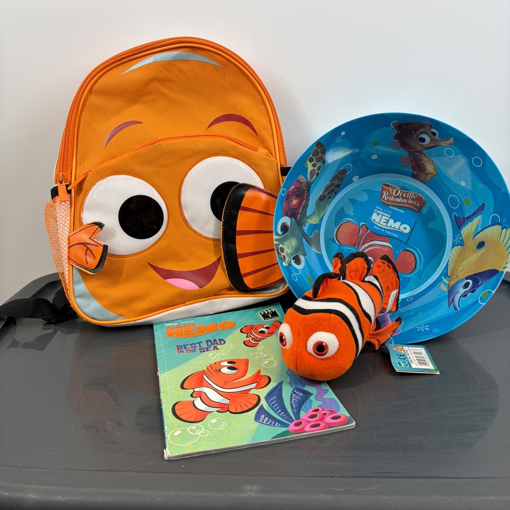 Disney Pixar Finding Nemo Backpack Plush Bowl and Book 4 Piece Kids Bundle Lot